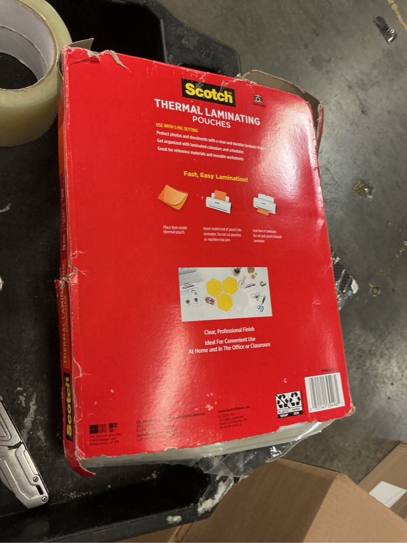 Condition photo showing As Is for scotch thermal laminating pouch, 9 x 11-1/2 inches, 5 mil thick, pack of 100