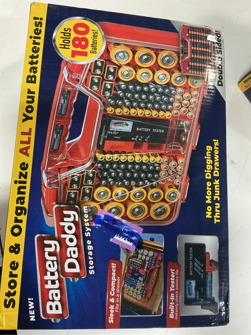 Condition photo showing New/Like New for ontel battery daddy storage & organizer case w/tester, stores & protects up to 180 batteries, double-sided, clear locking lid, secure latches & portable carrying handle - red (batteries not included) red original - 180 batteries