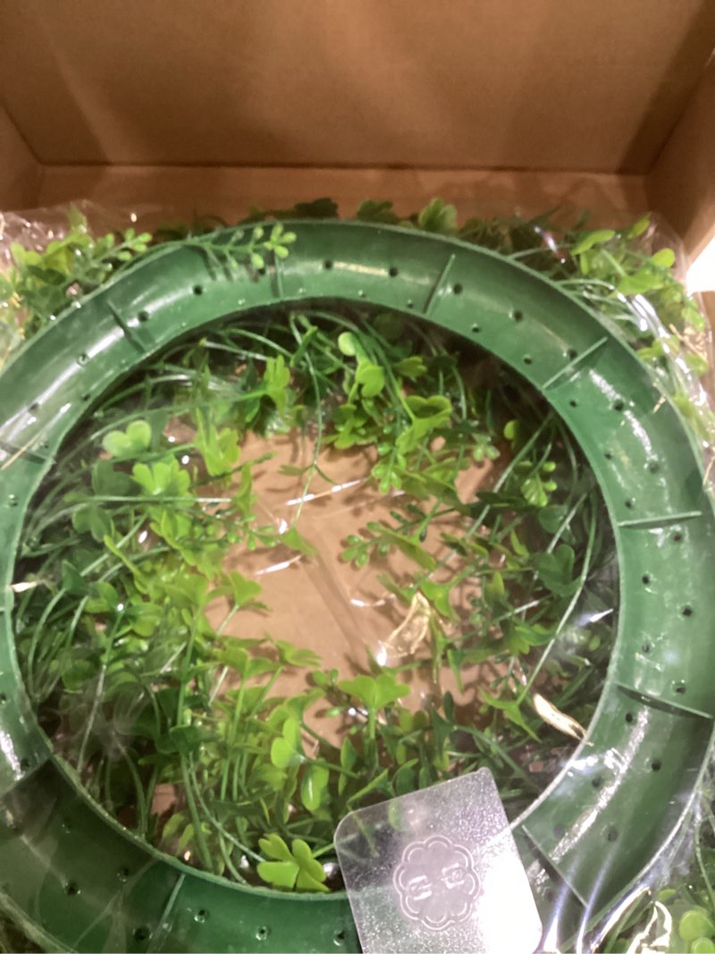 Condition photo showing As Is for 18" St Patricks Day Shamrock Wreath for Front Door,St Patrick Day Artificial Wreath Outdoor Decorations, Lucky Clover Spring Summer Greenery Hanging for Farmhouse Wall Window Indoor Porch Home Decor