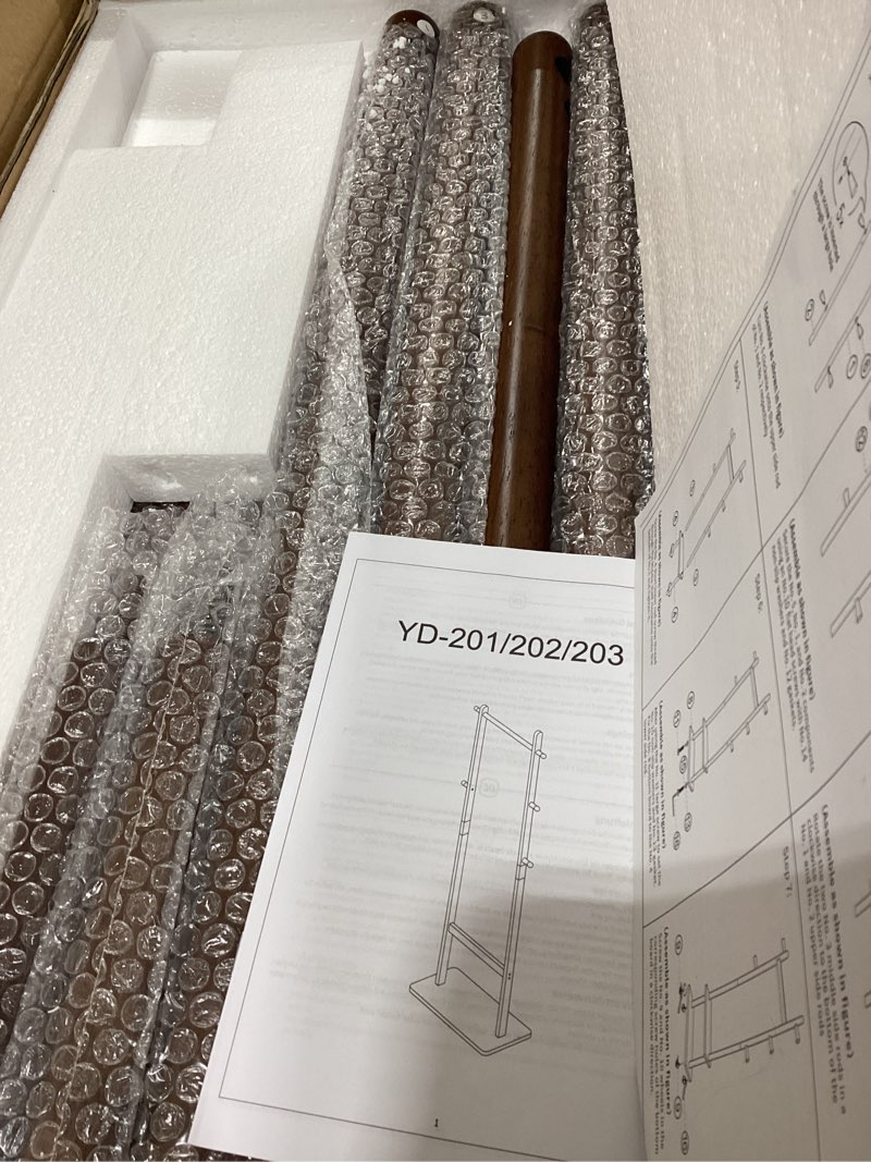 Condition photo showing New/Like New for Coat Rack Freestanding Clothing Rack with Wheels & 2 Shelves Storage & 5 Hooks Heavy Duty Clothes Rack Wood Coat Tree Stand Hat Hanger Rack for Corner Bedroom Entryway Living Room Hotel Size L Walnut Brown 23.6" x 11.8" x 70.9" (With Wheels)