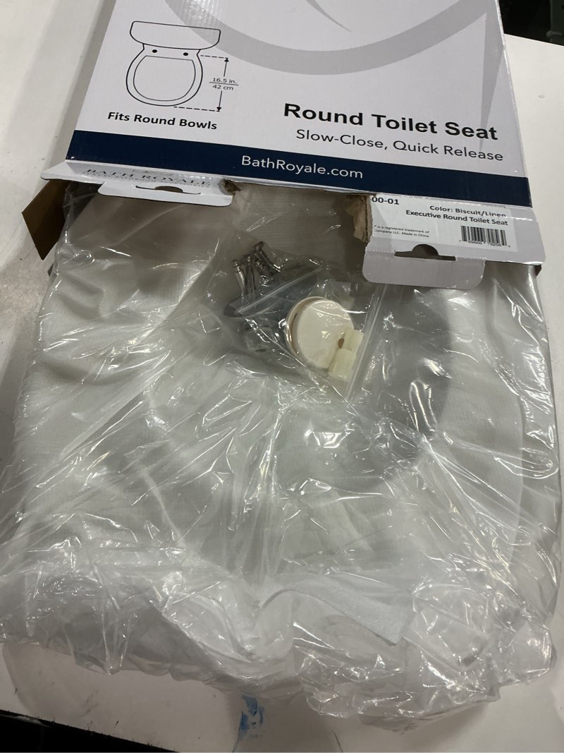 Condition photo showing New/Like New for BATH ROYALE Toilet Seat Round Executive Series BR500-01, Biscuit/Linen, Soft Close, Quiet Closing Toilet Lid â€“ Fits All Toilet Brands including Glacier Bay, AquaSource, Eljer and Crane