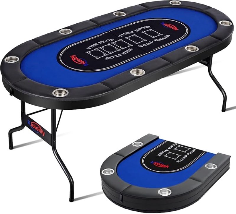 8 Player Poker Table Foldable, Texas Holdem Casino Table with Padded Rails & Cup Holders, Portable Folding Game Table for Home or Game Room, 71 Inch
