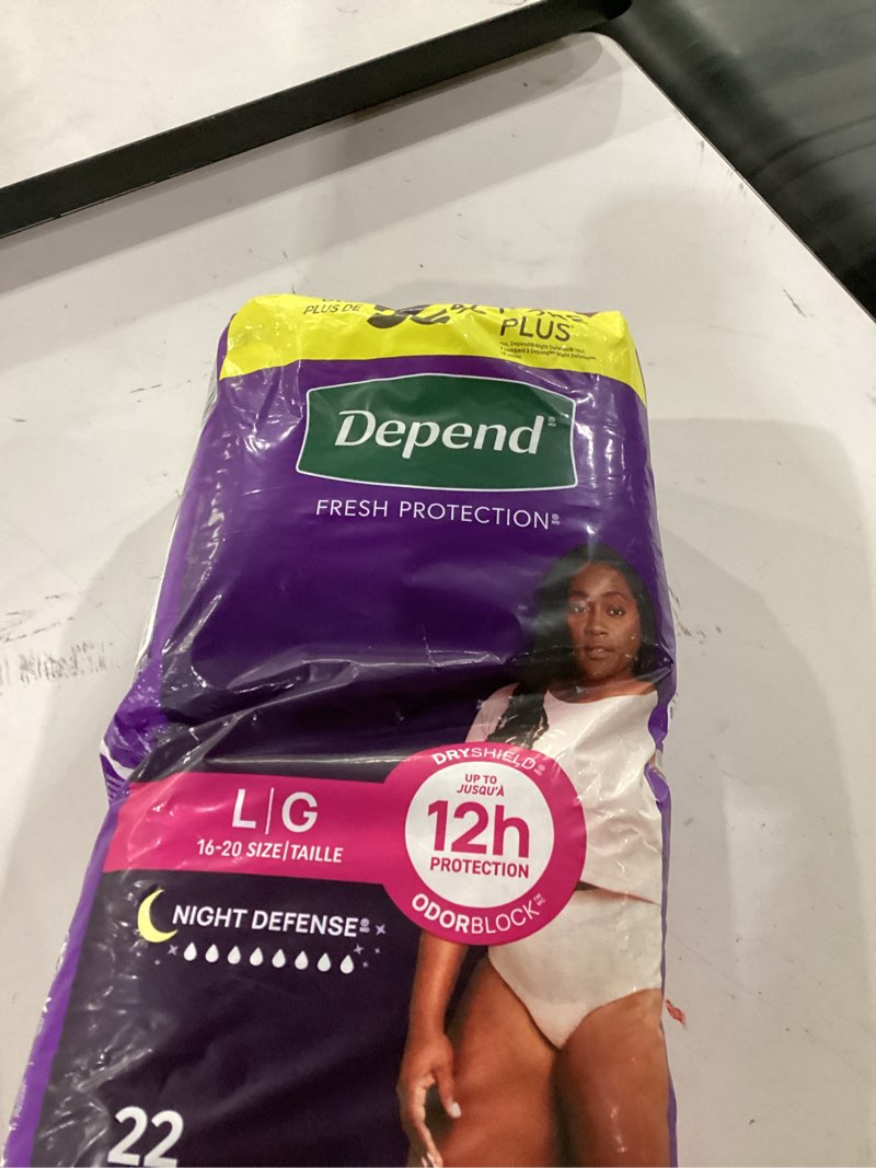 Condition photo showing Good Condition for depend night defense adult diapers, incontinence & postpartum bladder leak underwear for women, disposable, overnight, large, blush, 22 count, packaging may vary large 22