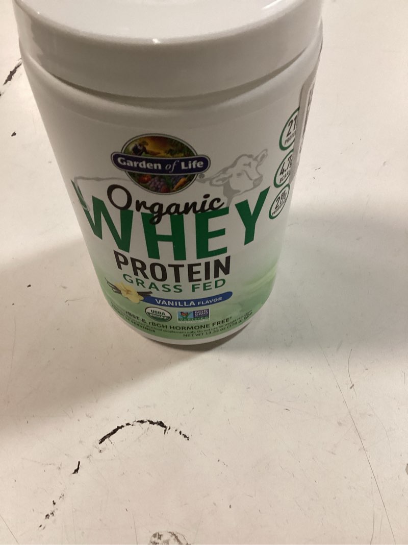 Condition photo showing New/Like New for Garden of Life Grass Fed Whey Protein Powder Vanilla - 21g Protein for Women & Men + Probiotics - 12 Servings - Gluten Free, Non GMO, Kosher, Humane, RBST & rBGH Hormone Free