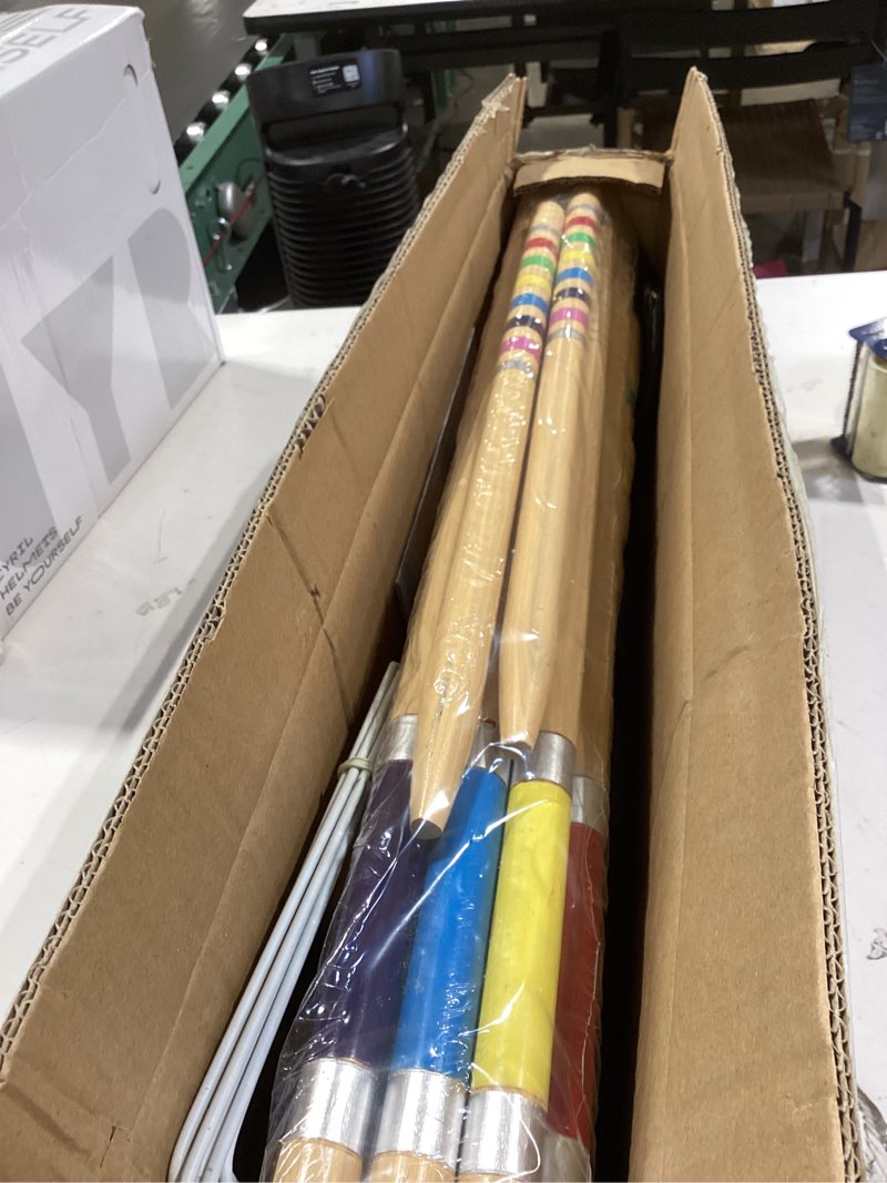 Condition photo showing Good Condition for six player croquet set, 28" wooden family outdoor game set | rubber hardwood mallets, colored balls, portable nylon sturdy bag. perfect backyard lawn party games for adults & family natural wood