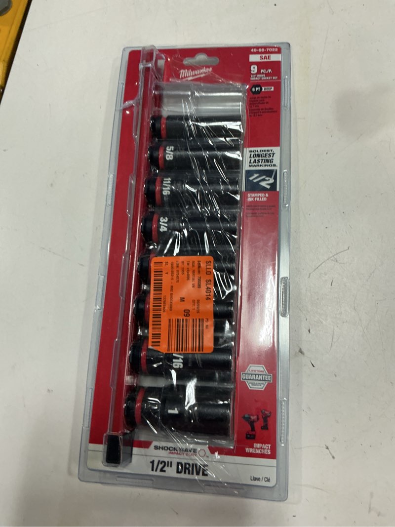 Condition photo showing As Is for shockwave impact duty 1/2 in. drive sae deep well impact socket set (9-piece)