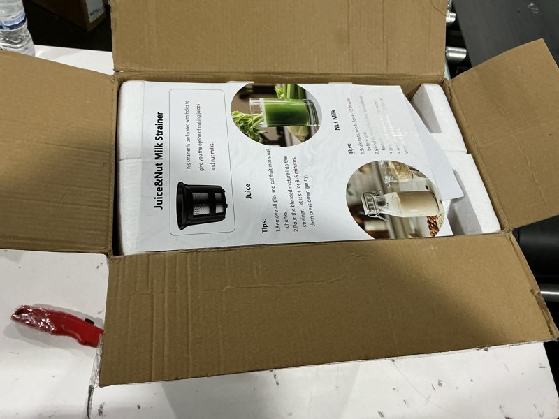 Condition photo showing As Is for eanoruus juicer machines, 3-in-1 cold press juicer with 6.5" extra large chute, 100oz large capacity, ac motor, makes juice, nut milk & sorbet, premium gray