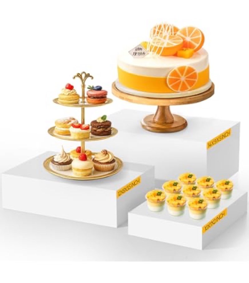 brightrow 3 pack extra large acrylic buffet risers - 14”, 12”, 10” black display stands with hollow bottoms, cube riser boxes nesting for dessert food catering buffet display party supplies 14”,12”,10” white 3