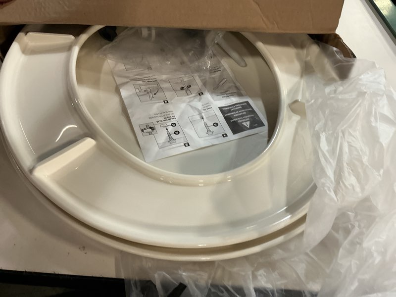 Condition photo showing As Is for bemis 730slec slow close toilet seat, easy clean hinges and durable plastic seat, made in usa, round, biscuit round biscuit