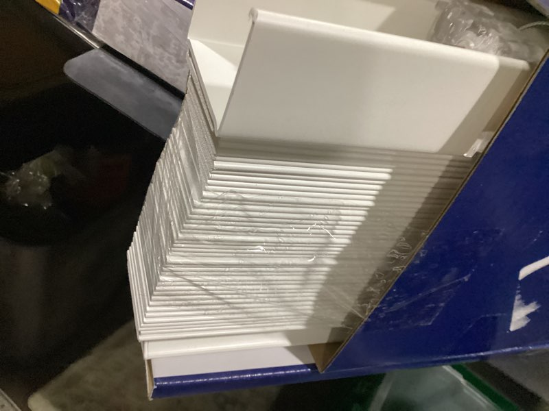 Condition photo showing As Is for levolor trim+go 2-in slat width 31-in x 72-in cordless white faux wood room darkening horizontal blinds