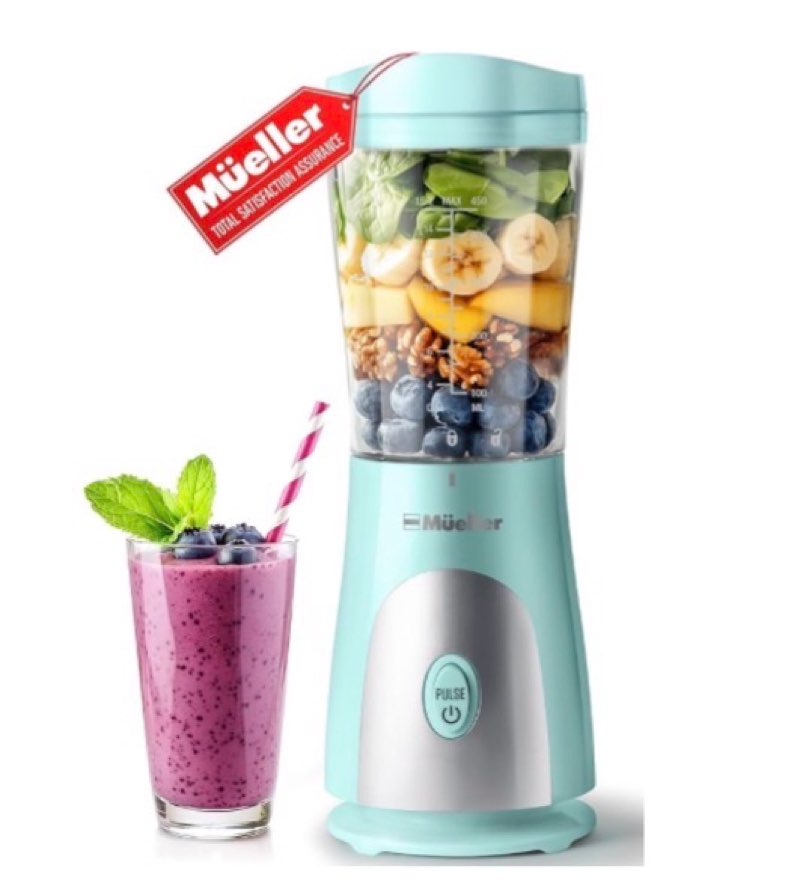 Mueller Smoothie Blender for Smoothies - Personal Blender for Shakes, Frozen Drinks, Baby Food & More, 15oz Travel Cup and Lid, Durable Stainless Steel Blades for Powerful Blending Performance