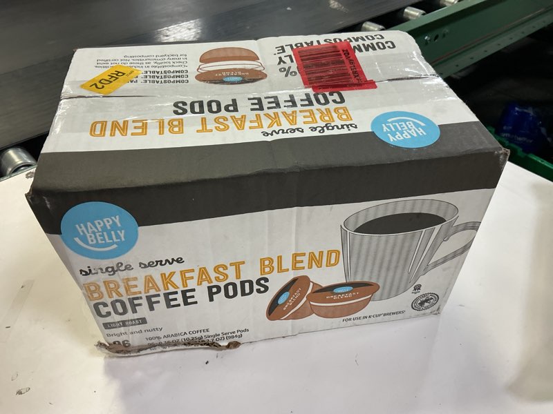 Condition photo showing New/Like New for (Best By 06/17/2027) Amazon Brand - Happy Belly Breakfast Blend Compostable Coffee Pods, Light Roast, Compatible with K-Cup Brewer, 96 Count Breakfast Blend 96 Count (Pack of 1)