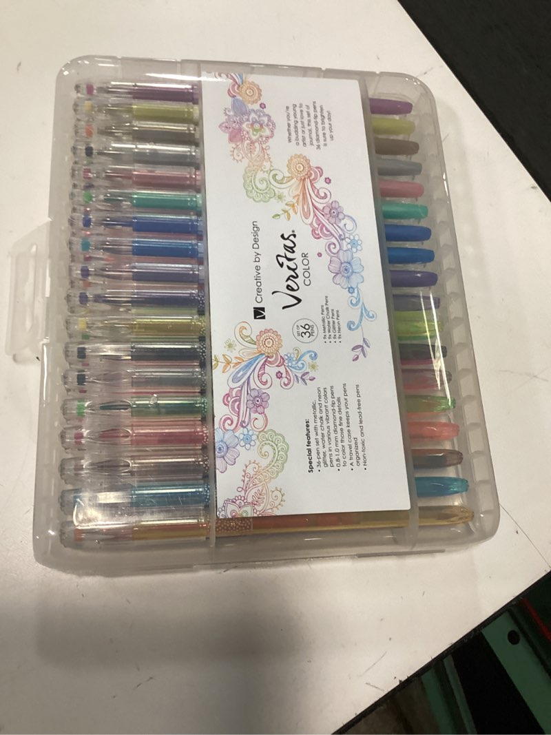 Condition photo showing New/Like New for christian art gifts veritas gel pen set, 36 pack assorted color variety - 9 metallic, 9 water chalk, 9 glitter, 9 neon - non-toxic, lead-free diamond tips w/case for coloring, journaling, artists