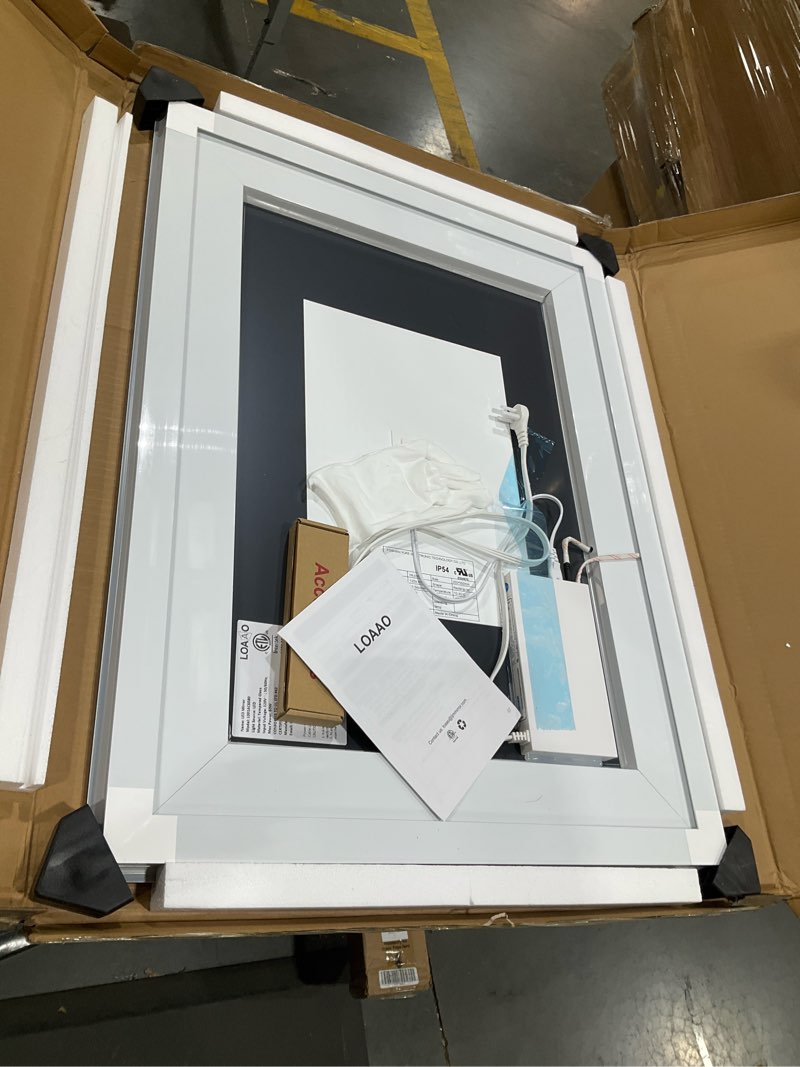 Condition photo showing Good Condition for loaao 24x32 led bathroom mirror with lights, anti-fog, dimmable, backlit + front lit, lighted bathroom vanity mirror for wall, memory function, tempered glass, shatter-proof, etl listed led 32"l x 24"w