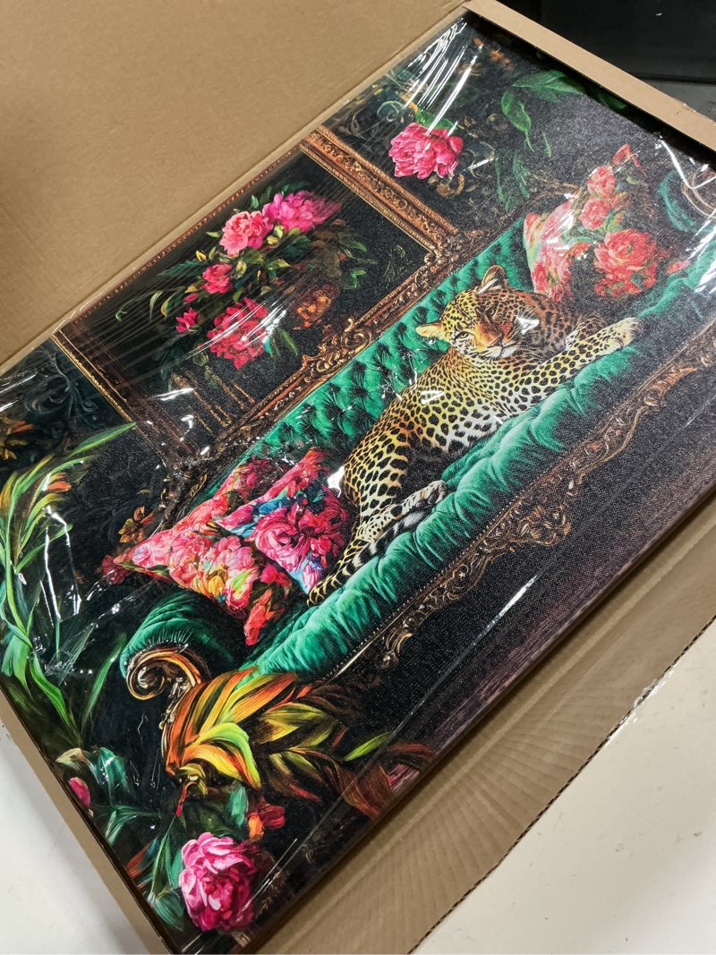 Condition photo showing Good Condition for cheetah lying on vintage sofa canvas wall art eclectic leopard wall decor pictures dopamine animal portrait poster prints for living room home bedroom home decoration 12x16in ready to hang green leopard 16"l x 12"w