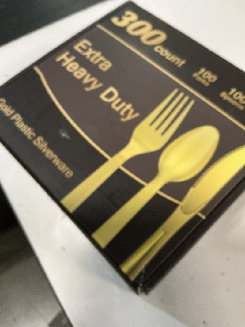 Condition photo showing New/Like New for 300 count extra heavy duty gold plastic silverware, 100 forks, 100 spoons, 100 knives, bpa-free, heat resistant, disposable plastic utensils set, plastic cutlery set, plasticware bulk