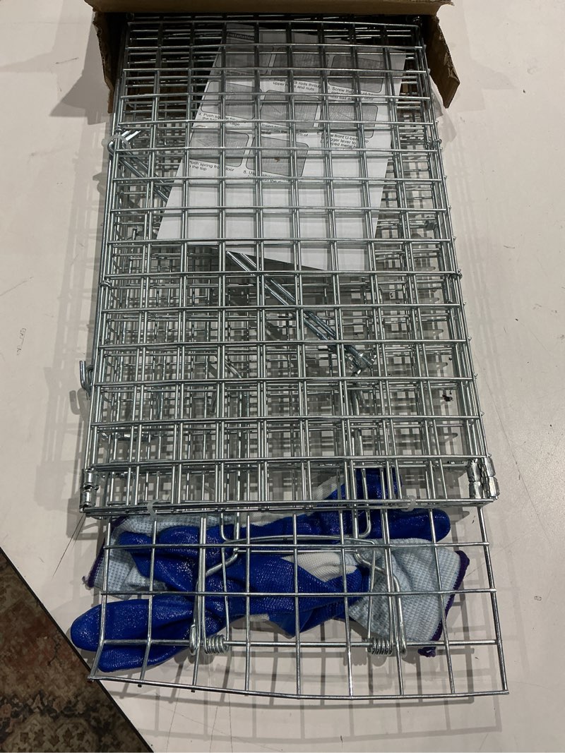 Condition photo showing As Is for humane animal cage trap, foldable live cage trap for squirrels/stray catsrabbits, easy catch & release, reusable indoor/outdoor, 9"x9.8"x25.6" 26"x10"x9"