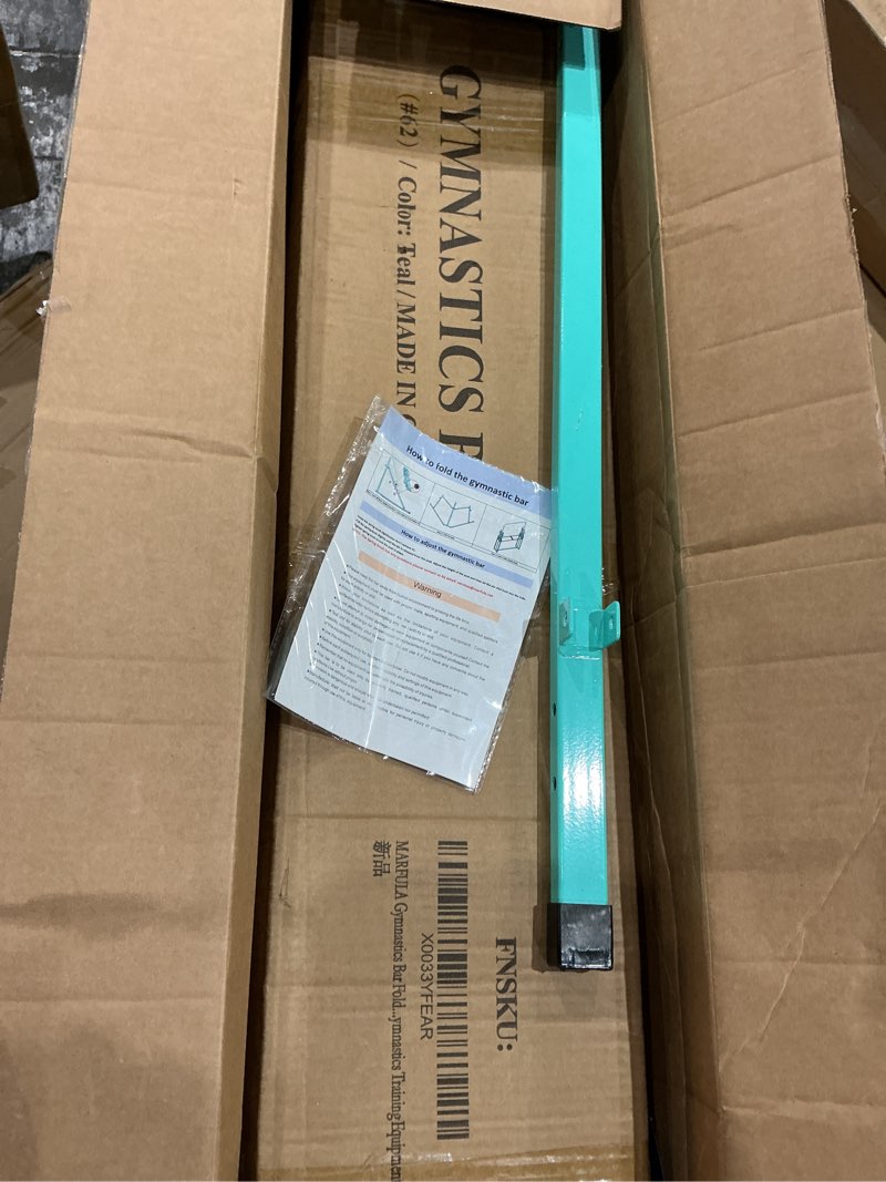 Condition photo showing Good Condition for marfula foldable gymnastic bar for kids ages 3-12, 9 height levels, 200 lbs weight capacity, 5 ft length gymnastic kip bar with mat, gymnastic equipment for home and gym center indoor outdoor use kip bar without mat teal
