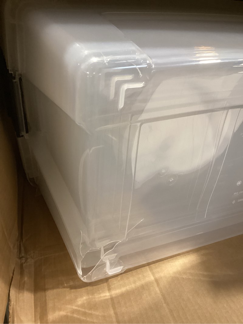 Condition photo showing As Is for IRIS USA 72 Qt Stackable Plastic Storage Bins with Lids, 6 Pack - BPA-Free, Made in USA - See-Through Organizing Solution, Latches, Durable Nestable Containers, Secure Pull Handle - Clear Clear 72 Qt 6 Pack