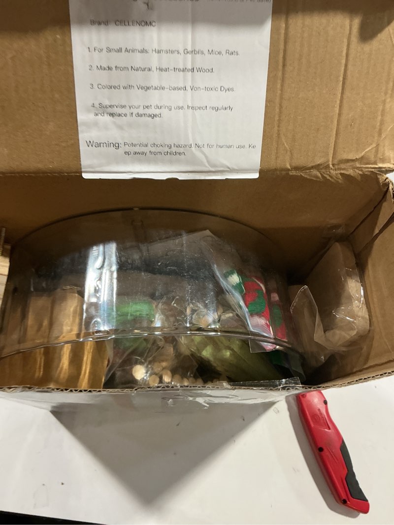 Condition photo showing Good Condition for 32 pcs hamster cage accessories, silent hamster wheel, 22 chew toys set, wooden hideout, fleece house, water bottle set, ceramic food bowl for rat mice small animals habitat decor natural wood style 2