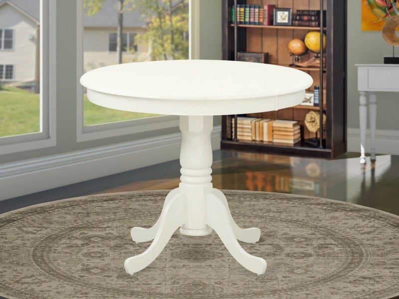 (Incomplete only base)Antique 36\" small round single pedestal kitchen table in linen white solid wood