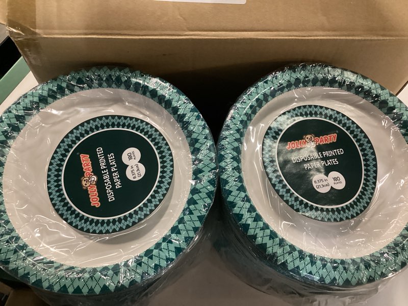 Condition photo showing New/Like New for jolly party paper plates disposable, 360 count 8.37 inch dinner plates, soak proof, cut proof for everyday use, diamond pattern rim design green blue-360pack