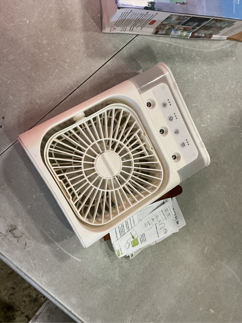 Condition photo showing As Is for portable air conditioners, 2000mah rechargeable mini air cooler fans, 500ml personal portable ac unit with 3 speed, 2 spray, 7 color, 3 timer, small desktop cooling fan for bedroom office (white)