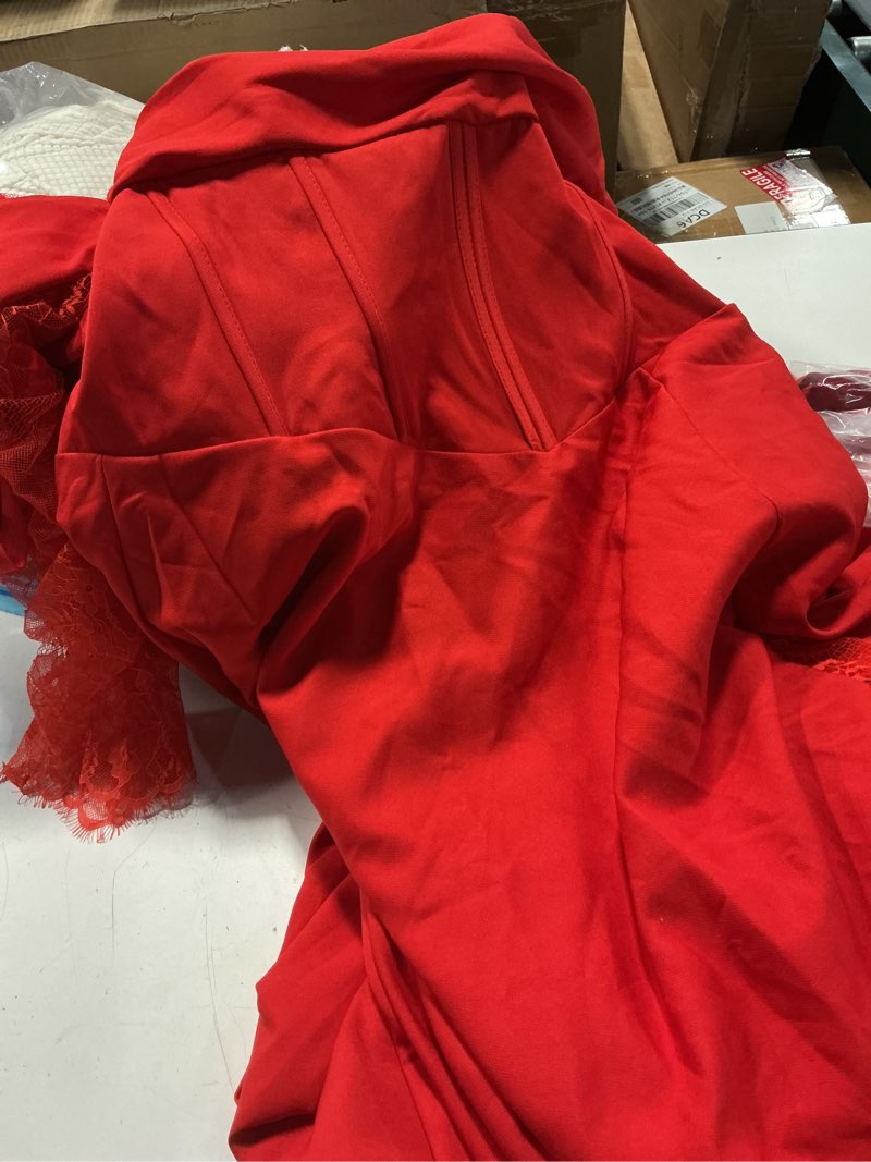Condition photo showing As Is for off shoulder satin wedding dresses lace long sleeve prom dress corset a-line ball gowns with slit hwd92 16 red