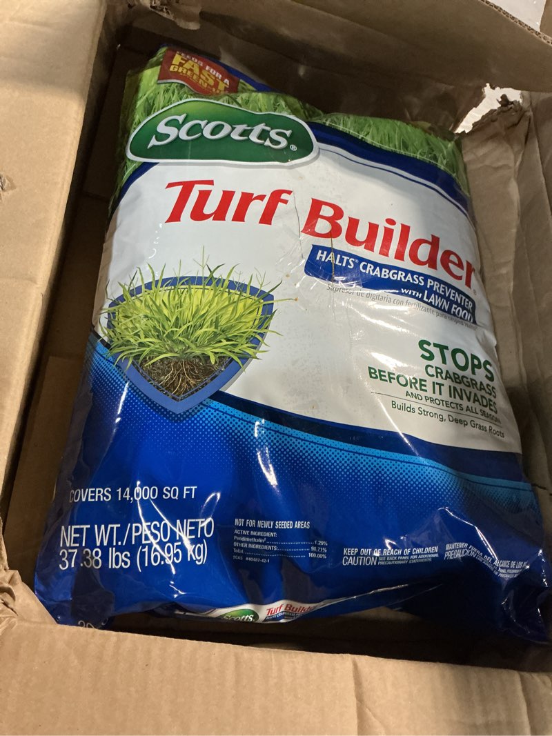 Condition photo showing Good Condition for scotts turf builder halts crabgrass preventer with lawn food - pre-emergent weed killer, lawn fertilizer, 14,000 sq. ft., 37.38 lb. 14,000 sq. ft. 1 pack