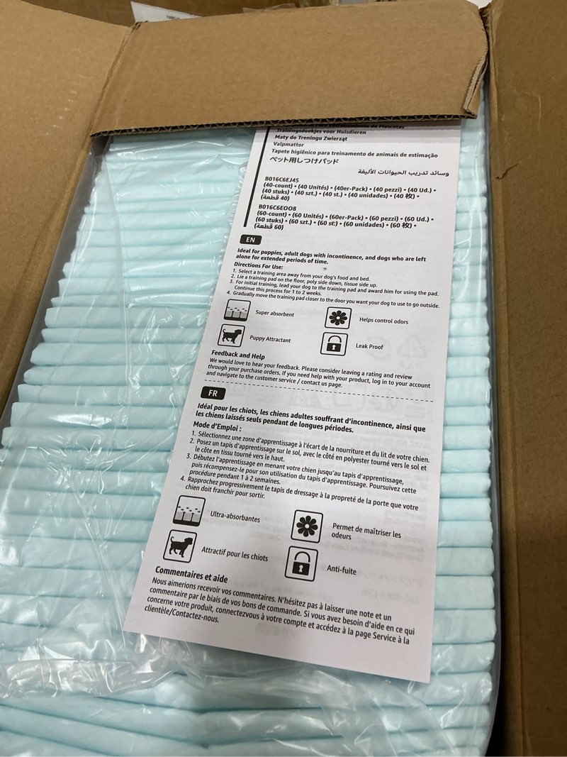 Condition photo showing New/Like New for amazon basics leak-proof dog and puppy potty training pee pads with quick-dry 5-layer design, x-large size 28 x 34 inch, blue & white, 40-pack x-large 40 count