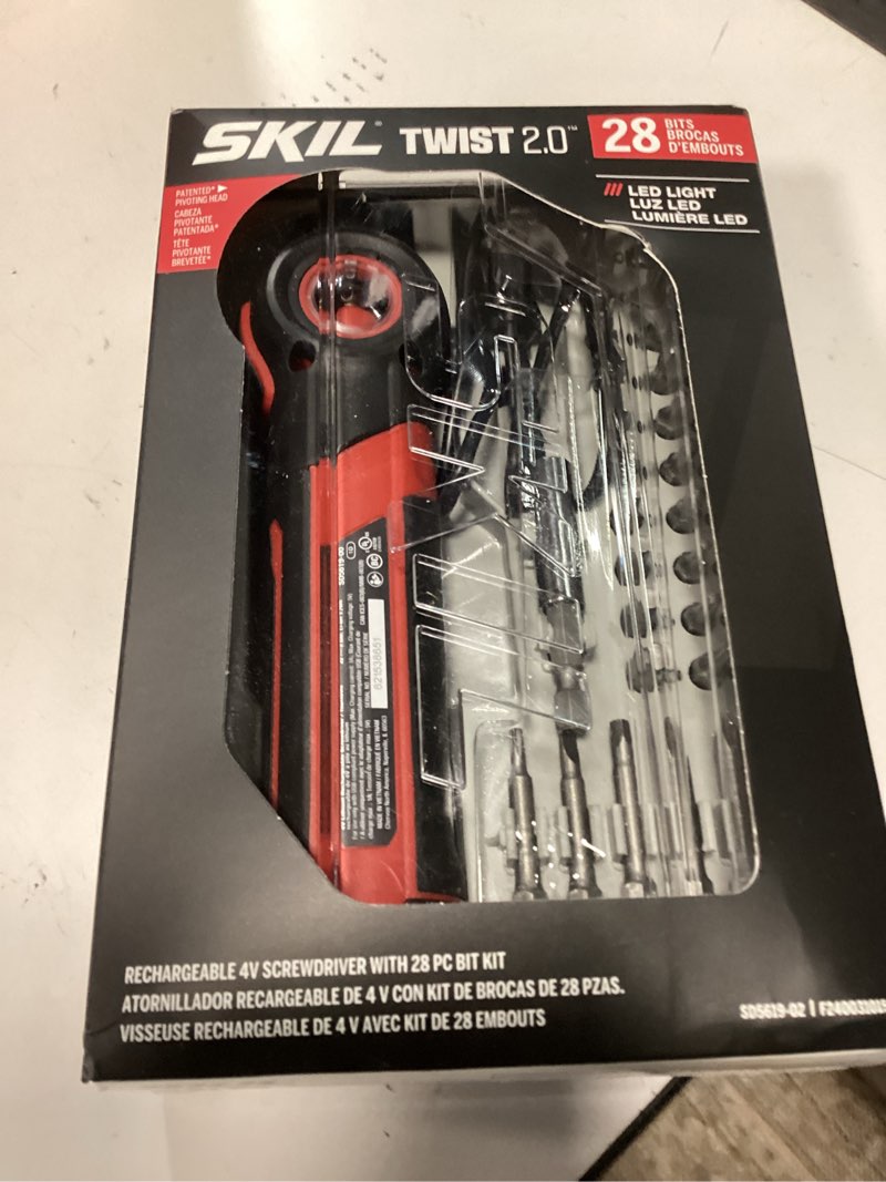 Condition photo showing New/Like New for skil twist 2.0 rechargeable 4v screwdriver with pivoting head, torque setting, usb-c charging cable, 28 pc bit set & carrying case- sd5619-02