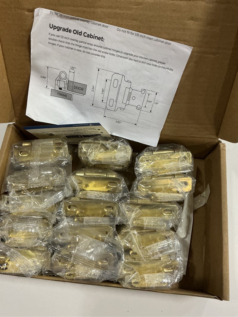 Condition photo showing New/Like New for Ravinte 30 Pack 15 Pairs Semi-Overlay 1/2 inch Self-Closing Face Frame Cabinet Hinges Gold Half Wrap-Around Kitchen Cabinet Door Hinges Face Mount Cabinet Hardware 30 Gold
