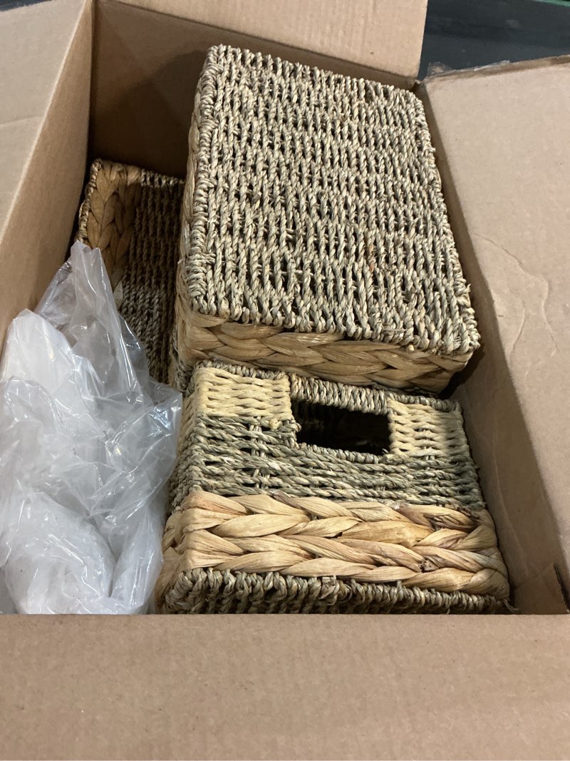 Condition photo showing Good Condition for suzile 4 pcs wicker storage basket water hyacinth seagrass woven baskets for organizing square wicker storage cubes with handles natural organizer baskets pack for shelves bedroom, 12 x 8 x 6.3 inch water hyacinth seagrass medium 4
