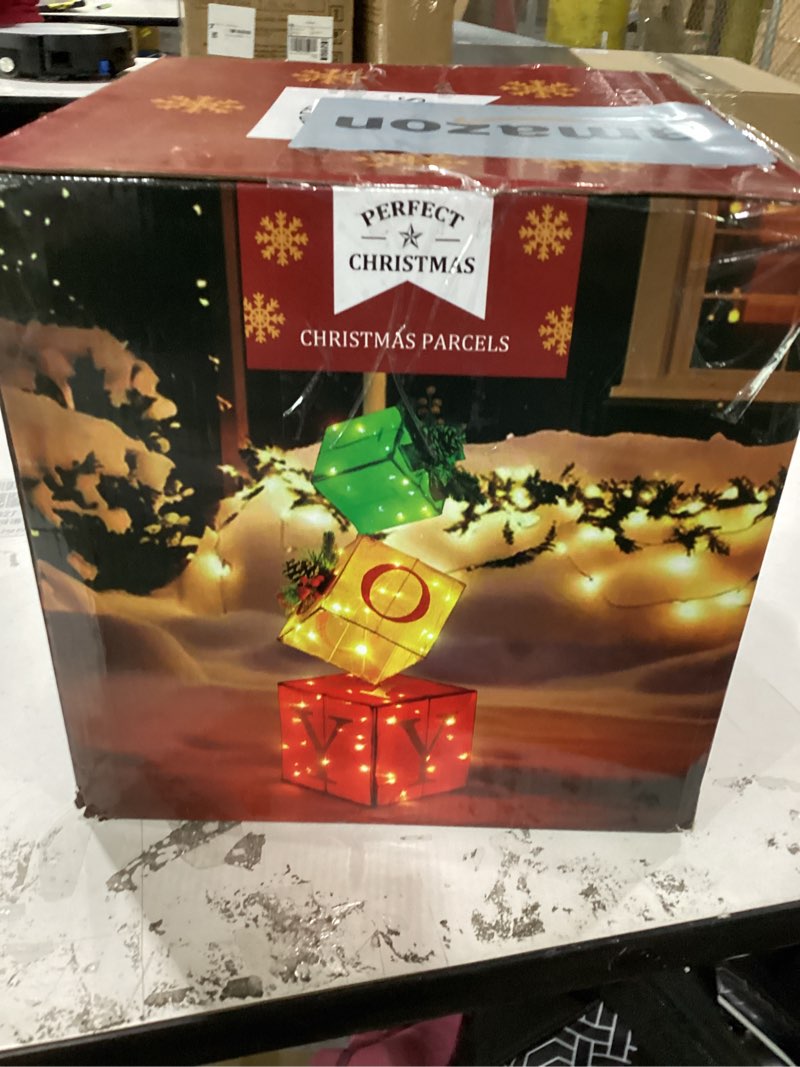 Condition photo showing New/Like New for Christmas Joy Lighted Gift Boxes Decorations Set of 3, 2.8Ft Stackable Christmas Nesting Boxes Battery Operated for Home and Party Decoration STACKING BOXES-L