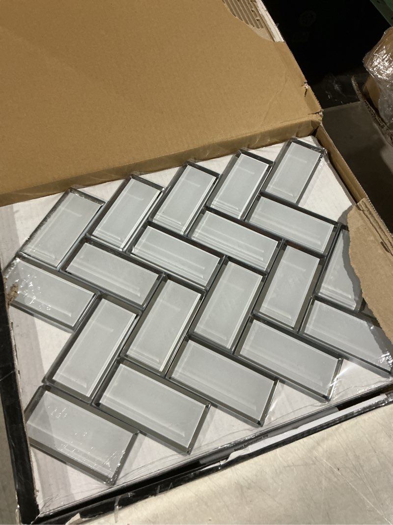 Condition photo showing Good Condition for MSI Ice Bevel Herringbone 11 in. x 14 in. Glossy Glass Tile for Kitchen Backsplash, Wall for Bathroom, Accent, and Shower Wall Tile Mesh-Mounted Mosaic Ice White CASE Glass