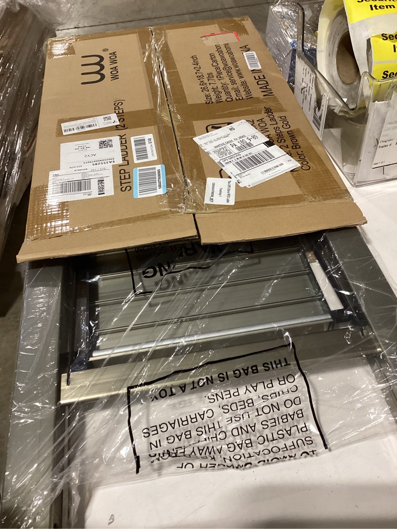 Condition photo showing New/Like New for WOA WOA Step Ladder, 2 Step Foldable Step Stool with Widen Pedals, Portable Aluminum Stepladder, Compact Ladder for Space Saving, Home Ladders for Kitchen(300lbs, Gold) 2 Step Brown Gold