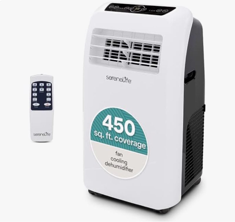 serenelife portable electric air conditioner unit-1150w 12000 btu power plugin ac indoor room conditioning system w/ cooler, dehumidifier, fan, exhaust hose, window seal, wheels, remote- slpac12,white