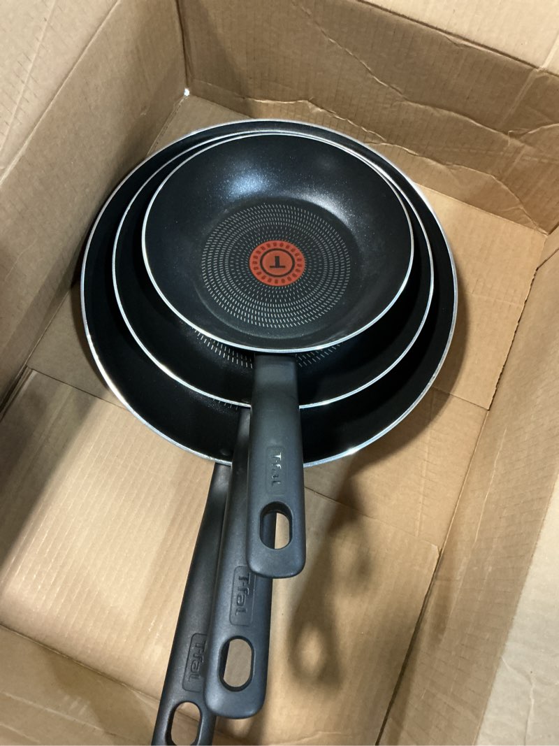 Condition photo showing As Is for t-fal specialty nonstick fry pan set 3 piece, 8, 9.5, 11 inch, oven broiler safe 350f, cookware, pots and pans set non stick, kitchen frying pans, skillets, durable, dishwasher, black non-stick 3-piece cookware set