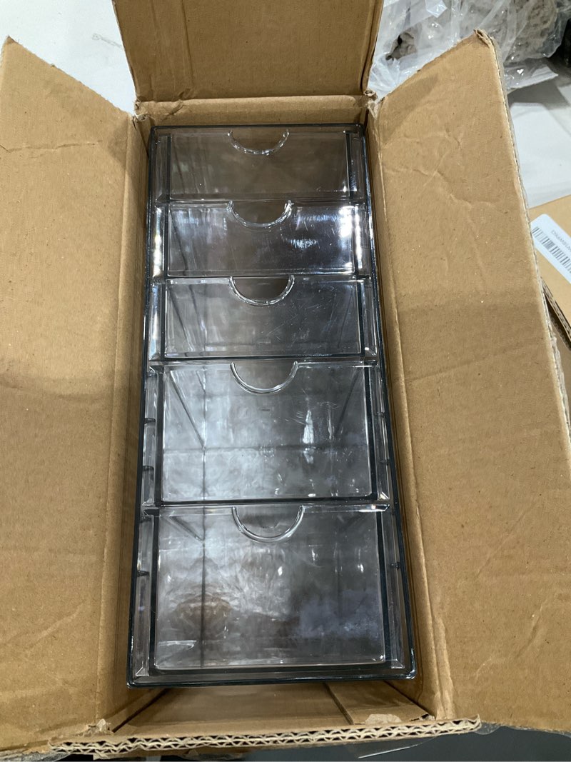 Condition photo showing Good Condition for plastic drawer storage with 5 different sizes drawers, clear light gray hair accessories organizer, transparent dresser bathroom organizer