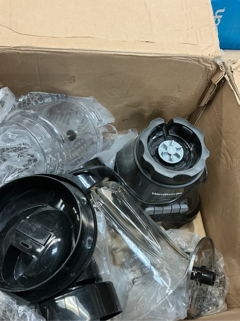 Condition photo showing As Is for Hamilton Beach Blender and Food Processor Combo for Shakes & Smoothies, With 3 Cup Electric Food Chopper Attachment, 40 oz Glass Jar, Blender Travel Cup, 700 Watts Peak Power, Gray & Black (58163)