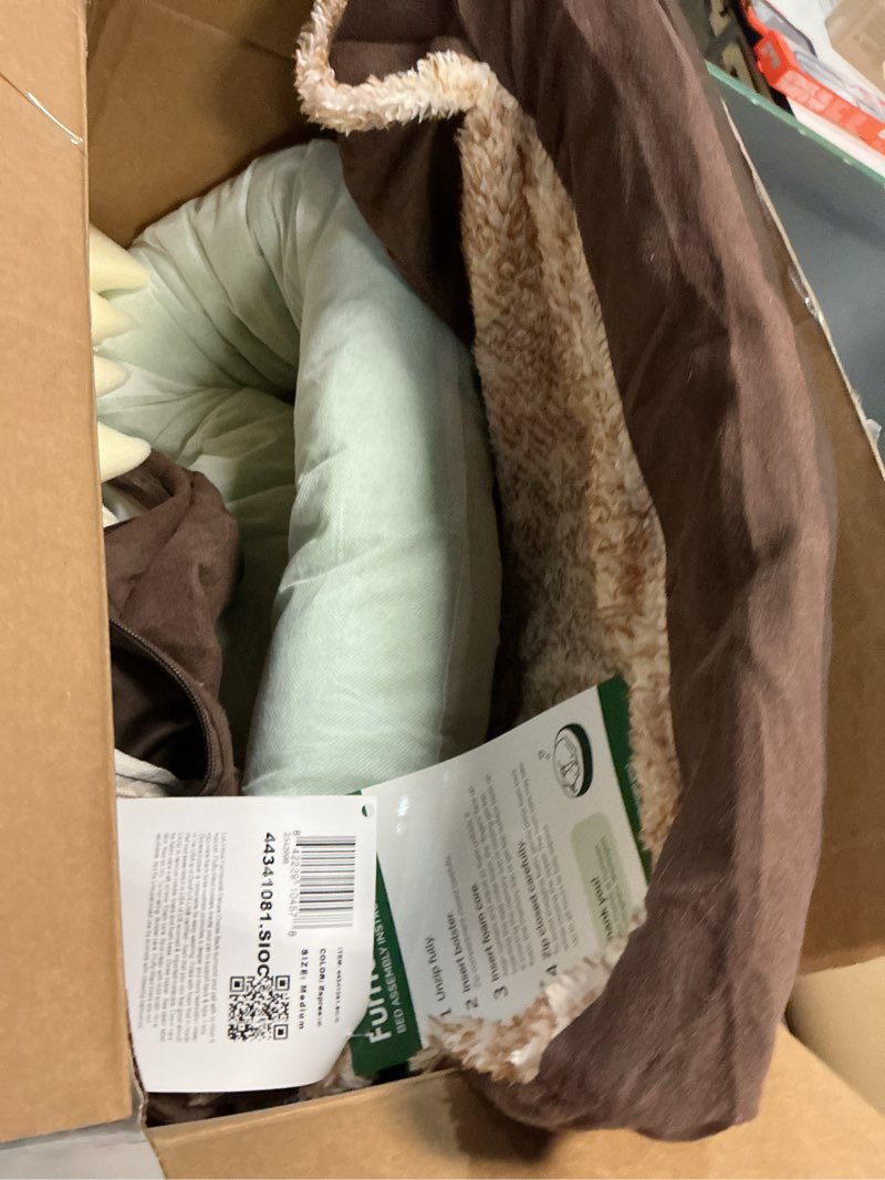 Condition photo showing Good Condition for Furhaven Orthopedic Dog Bed for Medium/Small Dogs w/ Removable Bolsters & Washable Cover, For Dogs Up to 35 lbs - Two-Tone Plush Faux Fur & Suede L Shaped Chaise - Espresso, Medium,30"L x 20"W x 6"Th Medium Espresso