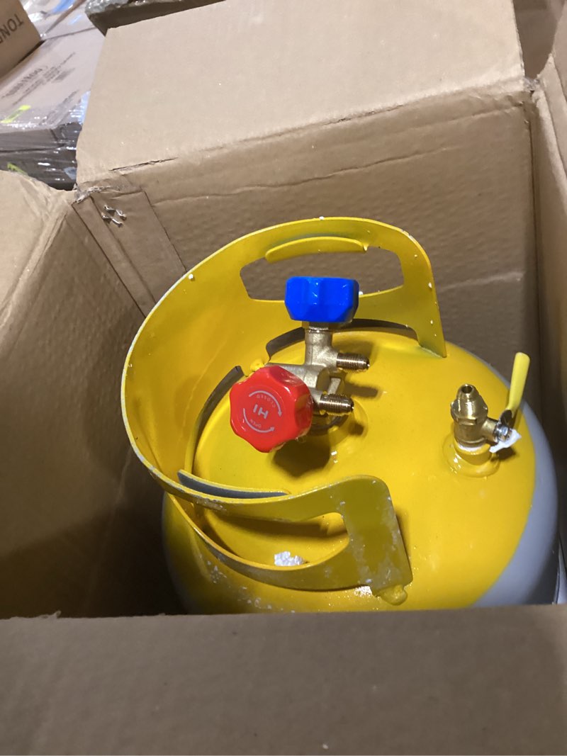 Condition photo showing As Is for fahkns refrigerant recovery tank 30 lb with 1/4 sae y-valve liquid/vapor reclaim tank ac freon recovery tank refrigerant recovery cylinder tank reusable cylinder tank without float switch gray yellow