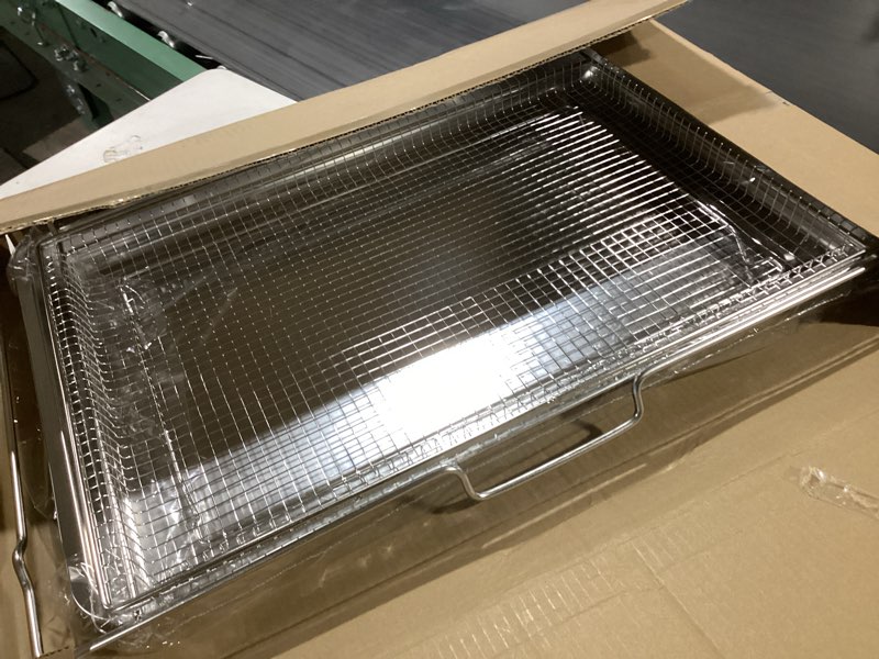 Condition photo showing Good Condition for Air Fryer Basket for Oven, OPENICE 15.6" x 11.6" Large Air Fryer Tray and Pan with 30PCS Parchment Papers, Stainless Steel Oven Air Fryer Basket and Tray for Baking Grilling