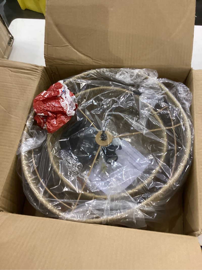 Condition photo showing New/Like New for 15.7'' Boho Light Fixtures Ceiling Mount, Coastal Hemp rope Semi Flush Mount Ceiling Light Fixture,3-Light Rattan Light Fixtures With 2-Tier Drum Shade, Farmhouse Chandelier Bedroom Ceiling Lamp Hemp Rope-Black 16 Inch