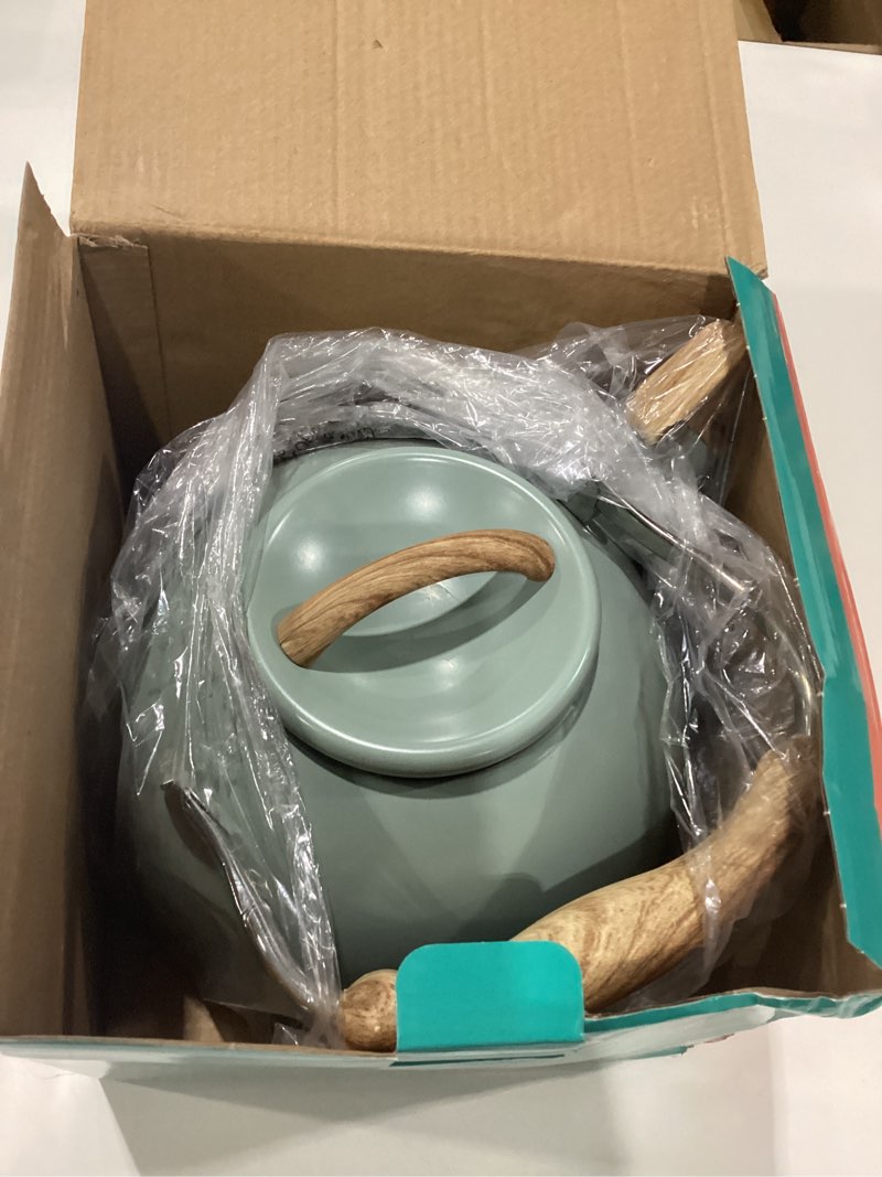 Condition photo showing New/Like New for Tea Kettle, Vegoran 100 OZ / 3 Liter Whistling Tea Kettle, Tea Pots for Stove Top Food Grade Stainless Steel with Wood Pattern Folding Handle, Loud Whistle Kettle for Tea, Coffee, Milk (Green)