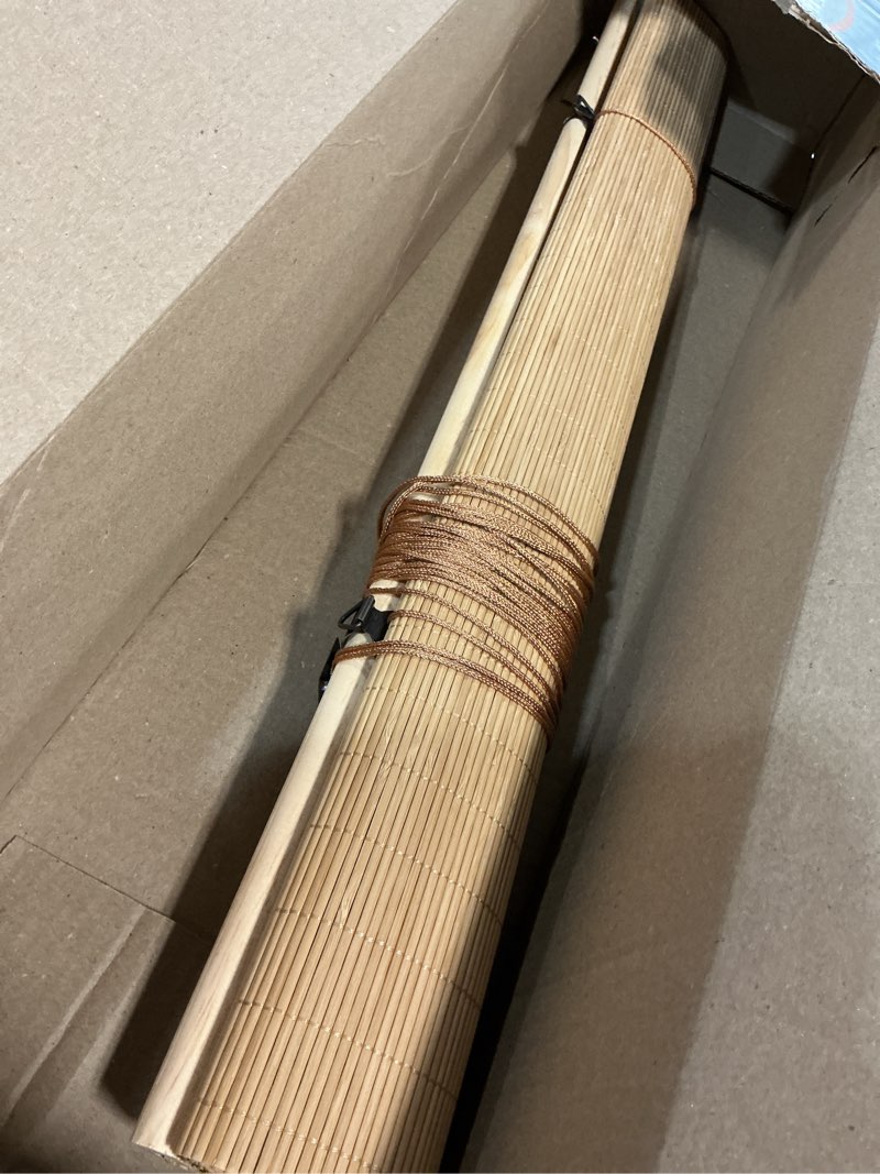 Condition photo showing As Is for bamboo blinds for interior windows, easy to install bamboo shades for indoor windows, custom roller shades for indoor window and outdoor patio, 28" w x 64 " h