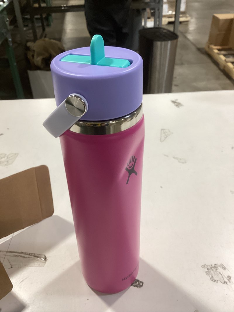 hydro flask water bottle - insulated stainless steel - wide mouth flex straw lid, non spill, leakproof and refillable in 24 oz holiday punch