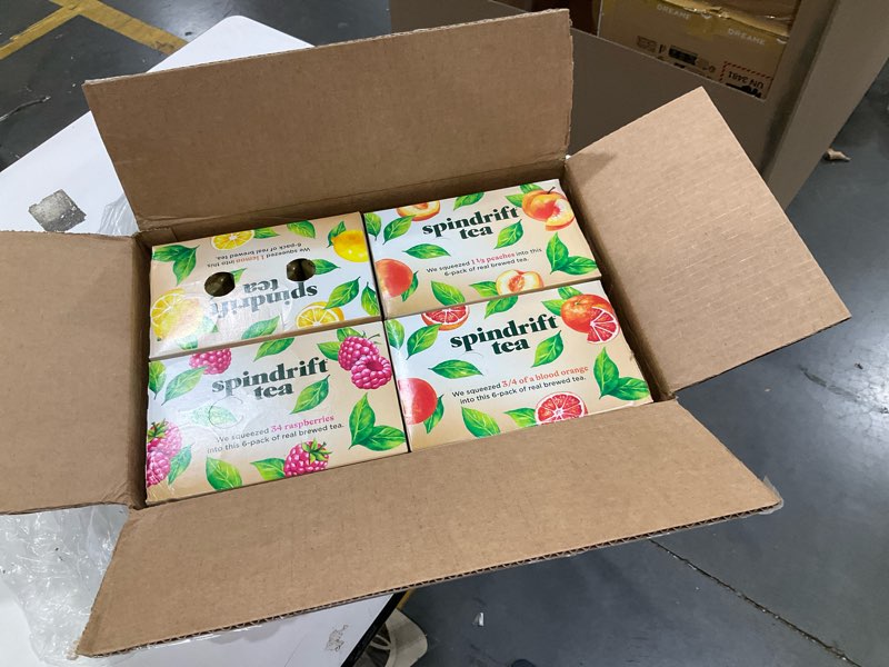 Condition photo showing New/Like New for spindrift brewed iced tea, variety pack with black tea & green tea, made with real squeezed fruit, no carbonation, slightly sweet, 12 fl oz cans, pack of 24 (22-49 calories) variety pack 12 fl oz (pack of 24)