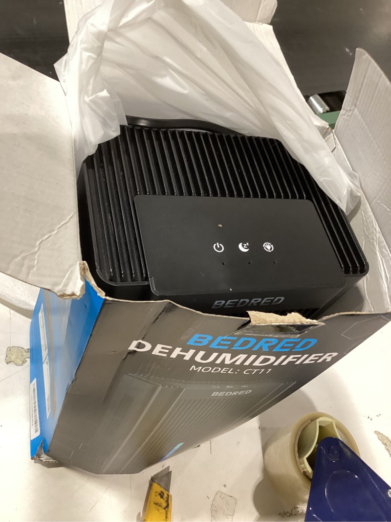 Condition photo showing As Is for dehumidifier, 95oz dehumidifier for home 1000 sq.ft - quiet with auto shut off & relaxing 7 color ambient light,ideal for livingroom, bedroom, basement(black)