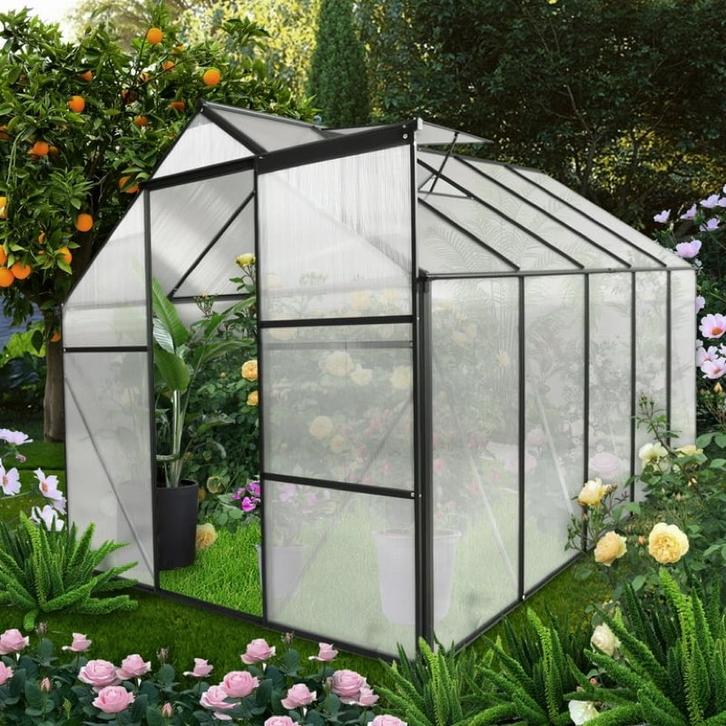 ((Incomplete box 2of 2))6x10 FT Polycarbonate Greenhouse with Raised Base and Anchor, Plant Greenhouse with Sliding Door, Aluminum Heavy Duty Walk-in Greenhouses Kits for Outdoor Garden Backyard in All Season, Black
